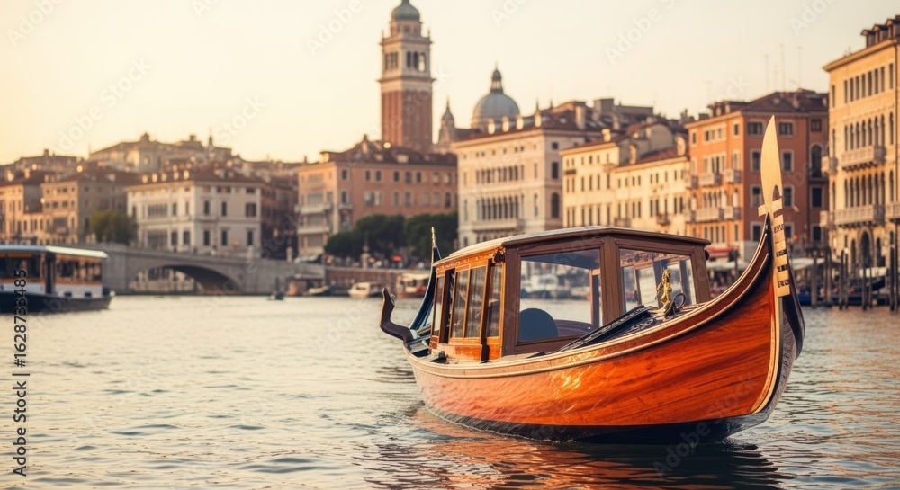 Fototapeta premium Classic venetian gondola sailing on grand canal buildings in background at sunset, transportation and travel concept