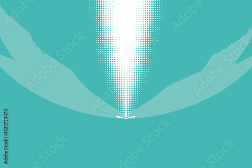 A light beam emanating from a central point on a teal background with soft brushstroke like shapes around it