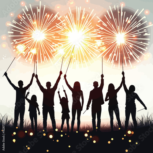 People celebrating with fireworks vector illustration Colorful silhouettes of a crowd with sparklers for a party new year or holiday concept