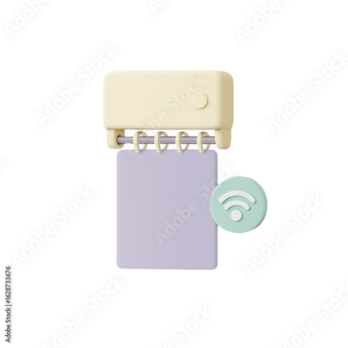3d rendering of a pastel yellow binder clip holding a light purple notepad with a mint green wi fi symbol isolated on transparent background
