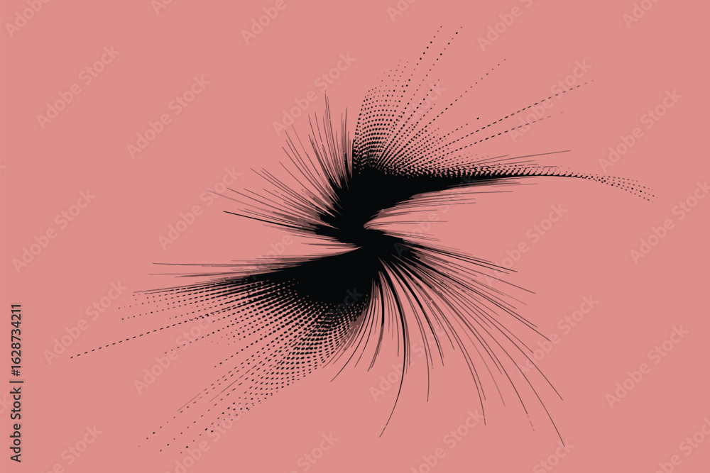 Fototapeta premium Bstract black burst on salmon background, halftone and line elements