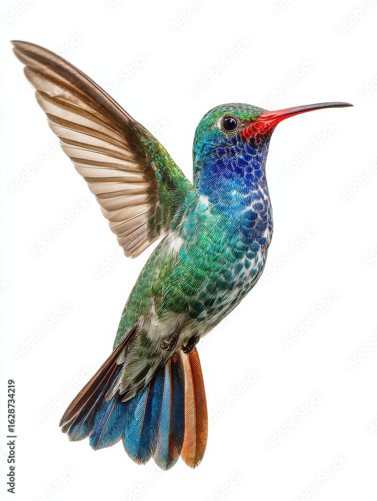 Obraz premium broad billed hummingbird on a pure white background using different backgrounds the bird becomes more interesting and can easily be isolated for a project these birds are native to m generative ai