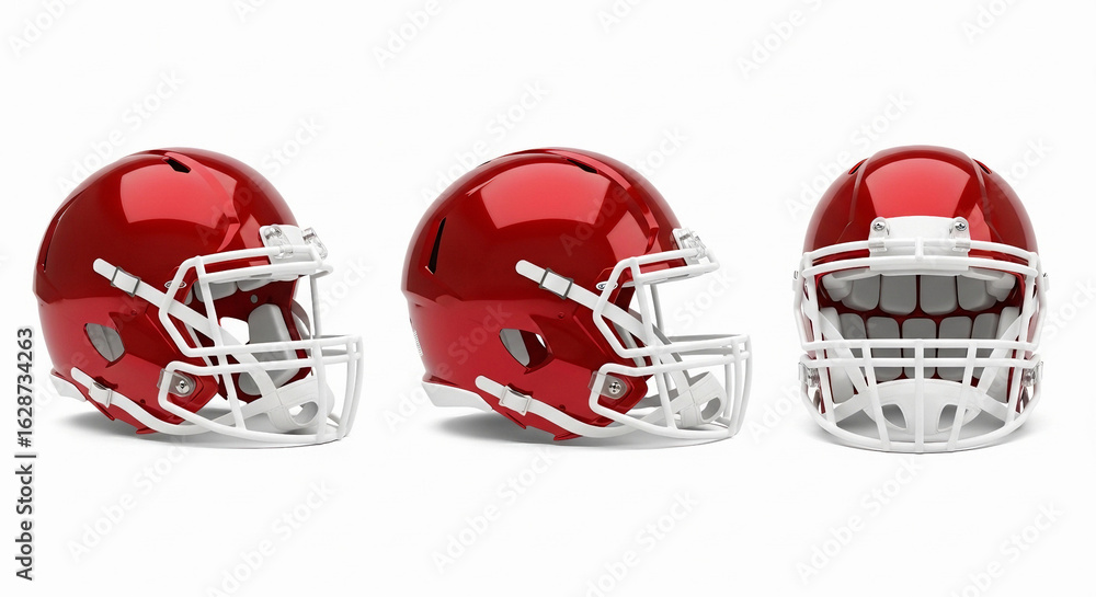Fototapeta premium Three red football helmets with white face masks displayed on a white background in different angles