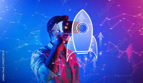 Foto A dynamic scene featuring a person wearing a virtual reality headset, envisioning a rocket launch, symbolizing the exciting journey of starting a new business in a digital landscape