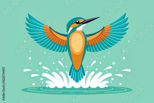 Kingfisher bird flying upward from water splash wings spread