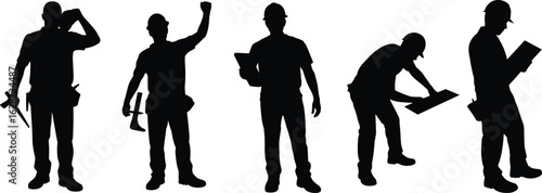 Silhouettes of five workers in hard hats performing construction tasks, industrial labor concept in black vector on white background