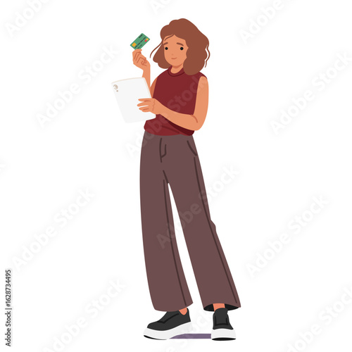 Teenage girl cartoon character with mobile tablet device and credit card in hand isolated on white
