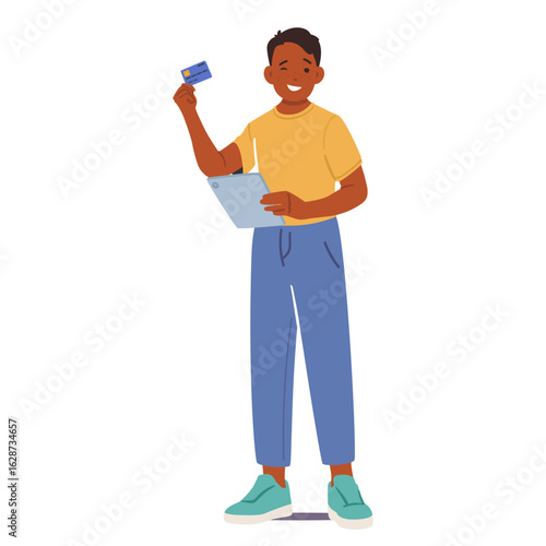Teenage boy showing credit card winking eye applying educational skills in finance management