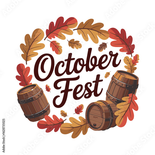 October Fest celebration with oak leaves and wooden barrels autumn fall