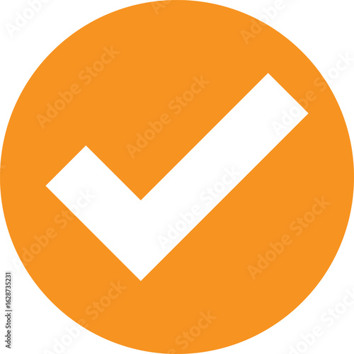 Orange circle with white check mark icon on white background symbol