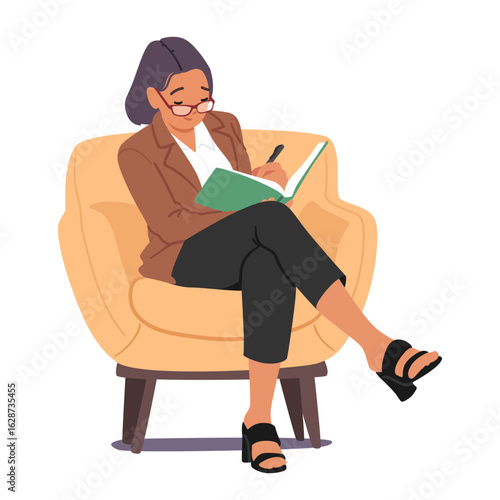 Woman school psychologist cartoon character writing notes in notebook sitting in armchair on session