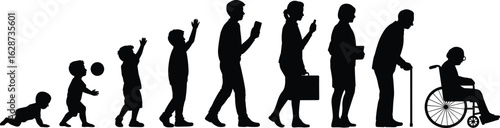 Silhouettes of human life stages, baby to elderly, aging timeline, physical evolution, black white art, generational journey, posture change
