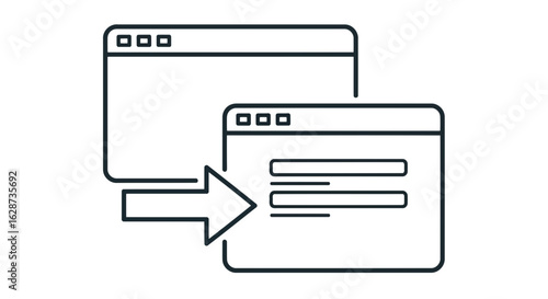 Vector art of an arrow icon shows data being transferred from one computer screen to another