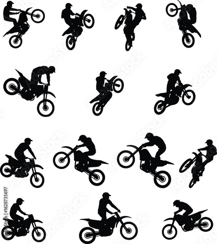 Silhouettes of motorcyclists performing extreme stunts, isolated on white background, dynamic vector art, sports action concept for Adobe Stock