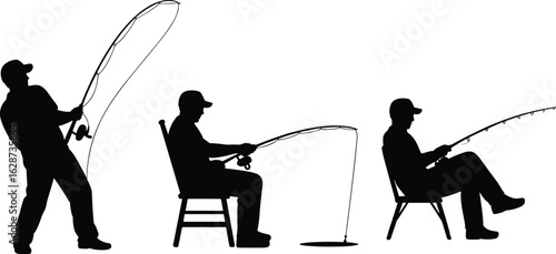 Silhouettes of people fishing, standing angler, ice fishing, seated posture, black white art, fishing techniques, outdoor activity, rod action