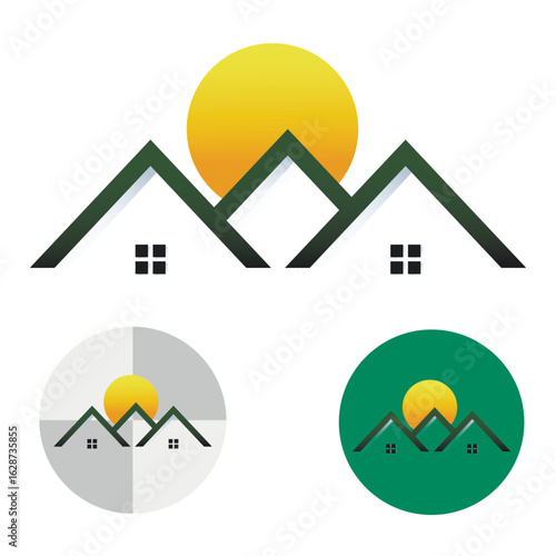 Logo three roofs of the house on the background of the sun. Logo of the cottage village, private house, construction.