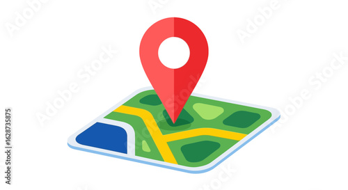 Vector art of a red location pin is placed on a stylized map, indicating a specific point of interest or destination for navigation