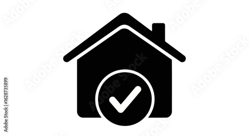 Vector art of a black house icon with a white checkmark inside a circle, symbolizing approval or verification of a property