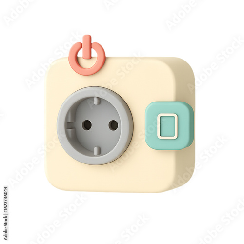 Cute cartoon power outlet with power button isolated on white background