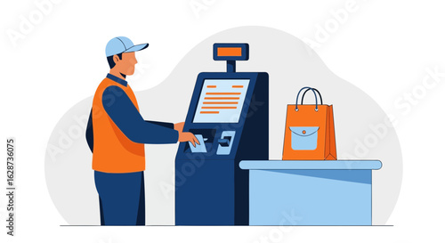Vector art of a male worker in an orange vest and blue cap operates a modern checkout terminal with a shopping bag on the counter