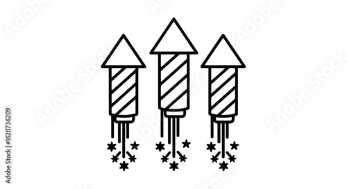 Vector art of three stylized rockets with striped bodies and star bursts are launching upwards against a plain white background