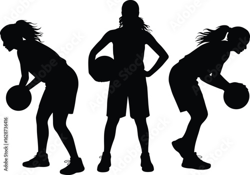 Silhouettes of three basketball players in standing and dynamic poses with ball, sporty lifestyle concept, black vector on white background