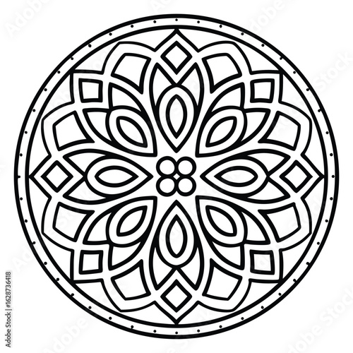 Elegant Floral Mandala Line Art: Round Symmetry Design, Simple Outlines for Coloring Books and Creative Projects.                                     