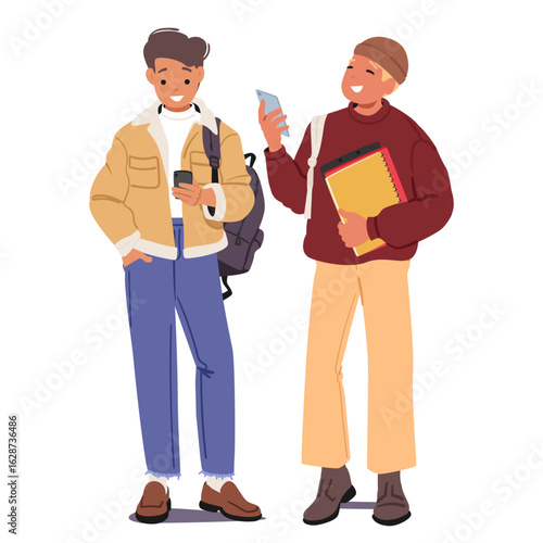 Teenage students cartoon classmates characters using smartphone standing together isolated on white
