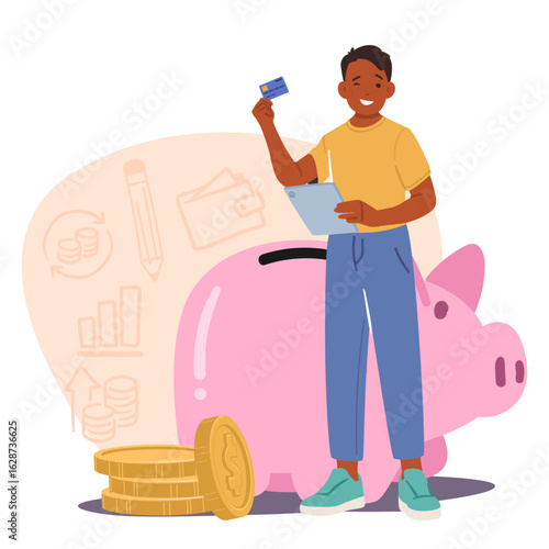 Teenage boy cartoon character studying financial literacy and understanding savings opportunity