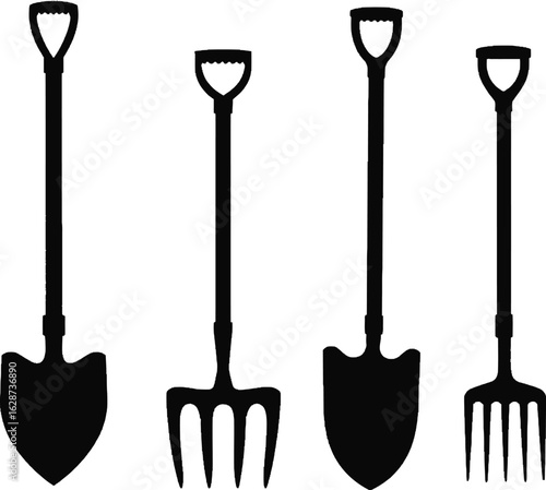 Garden tools vector silhouette icon set Black and white symbols of shovel spade and pitchfork for gardening or farm work