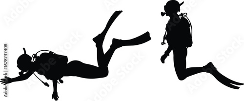 Silhouettes of two scuba divers swimming underwater in different poses, diving and exploration concept, vector illustration on white background