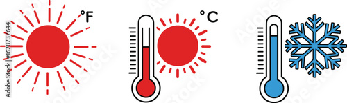 A collection of weather and temperature icons, including sun, thermometers, and snowflake, representing hot and cold conditions, vector isolated.