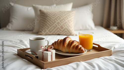 Breakfast in bed for dad — tray with fresh coffee, natural juice and golden croissant, ideal for family care scenes, healthy living content or premium food campaigns.