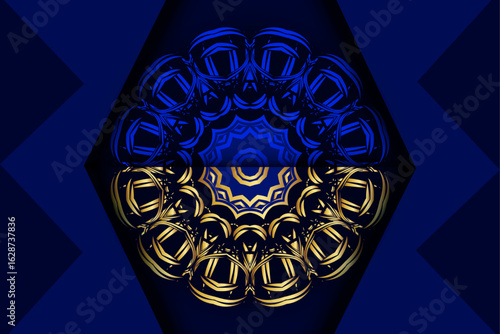 Vibrant blue and gold concentric circles mandala digital pattern
