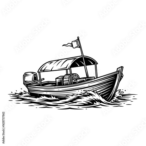 Traditional wooden fishing boat on sea waves. Black and white vector illustration.