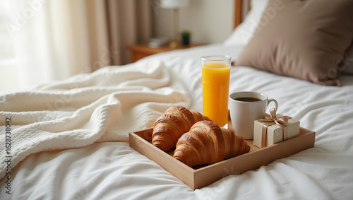 Breakfast in bed for dad — tray with fresh coffee, natural juice and golden croissant, ideal for family care scenes, healthy living content or premium food campaigns.