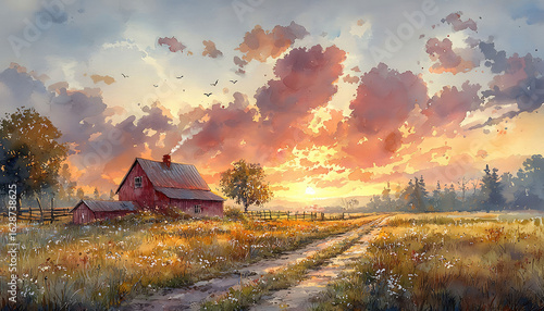 Fototapeta Naklejka Na Ścianę i Meble -  Watercolor painting of a red barn at sunset with a dirt road and a field of wildflowers near trees
