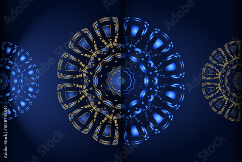 Luxury blue and gold symmetrical mandala illustration
