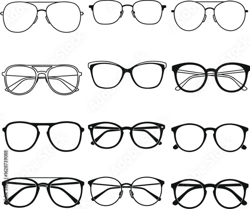A large set of vector glasses, including different styles and shapes, for use as icons, design elements, or educational purposes, isolated.