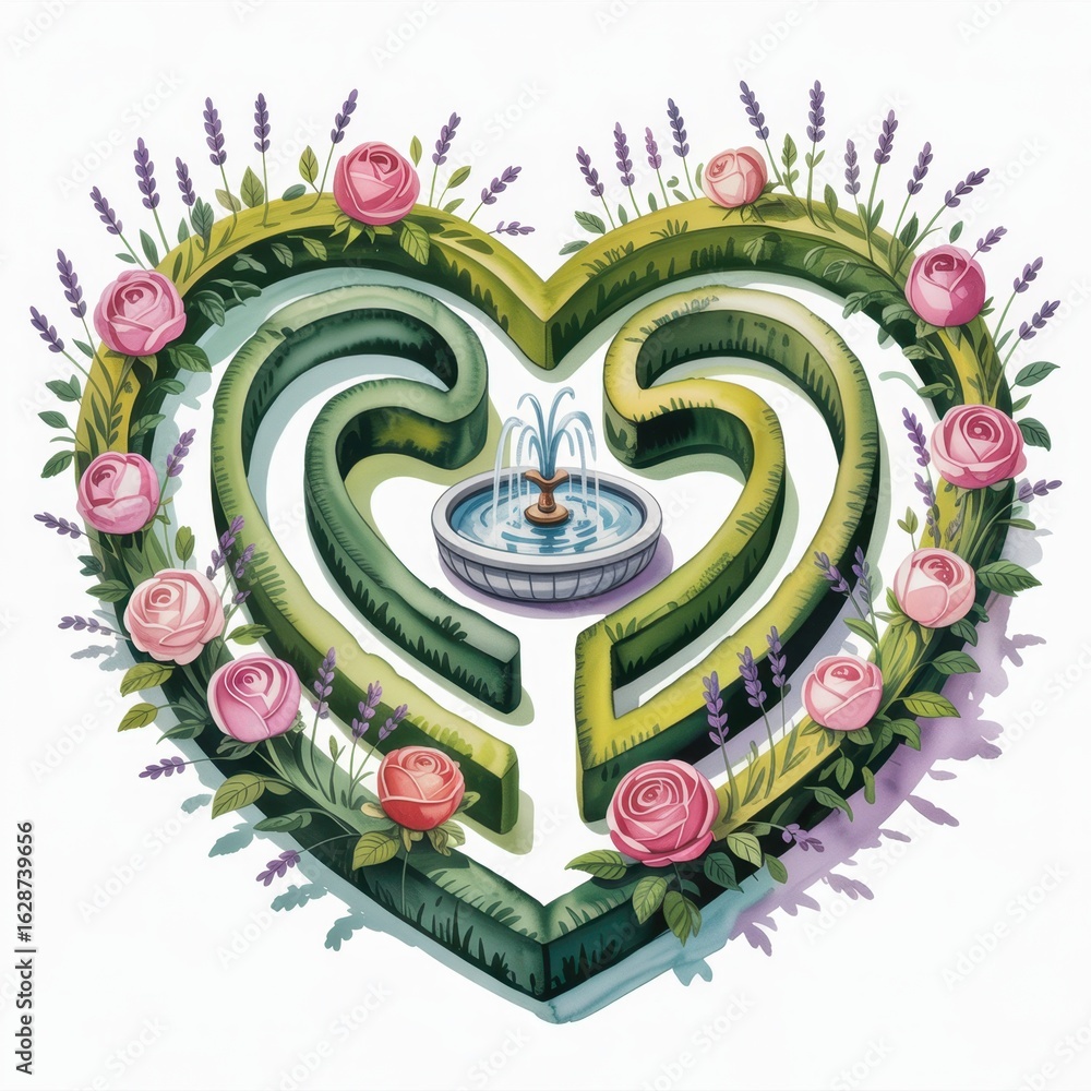 Fototapeta premium Intricate Watercolor Maze Design Featuring a Heart Shape and a Central Fountain Adorned With Roses