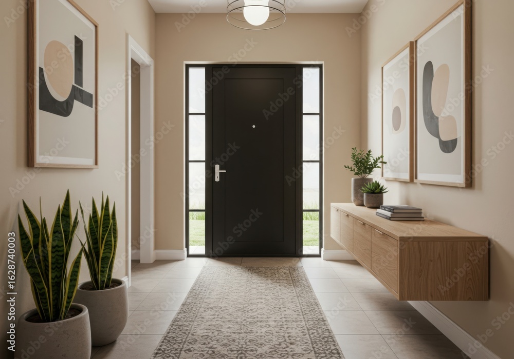 Fototapeta premium Modern foyer with dark door and abstract art creates a welcoming entryway