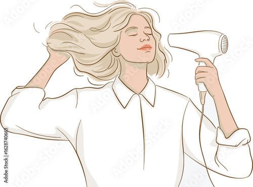 Individual in white shirt drying hair with hairdryer—personal grooming, morning routine, self-care, daily habits, indoor lifestyle moment