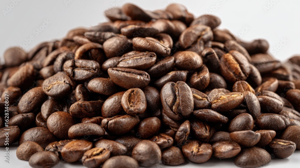 Fototapeta premium Dark roasted coffee beans are arranged in a large pile, revealing their glossy surface and varied shapes under soft lighting. This close-up captures the essence of rich coffee flavor.