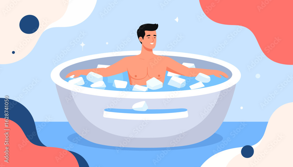 Obraz premium Young man taking a refreshing ice bath for muscle recovery and wellness. Vector illustration of cold water therapy.