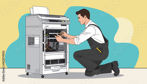 Professional technician in overalls repairing a large office multifunction printer. Vector concept of equipment maintenance and service.