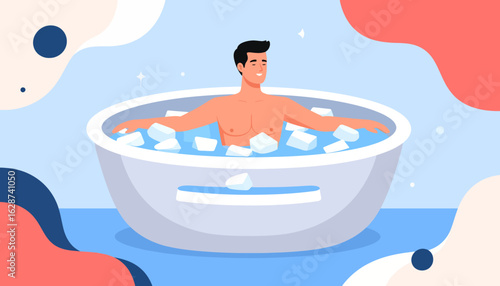 Young man taking a refreshing ice bath for muscle recovery and wellness. Vector illustration of cold water therapy.