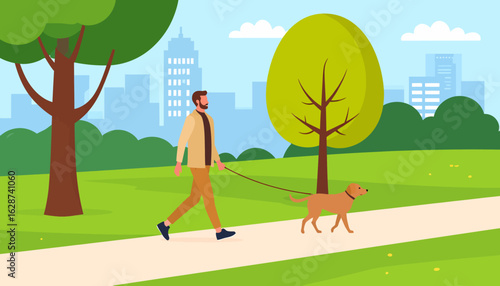 A man walking his dog on a leash along a path in a city park, enjoying a leisurely stroll with his pet against a backdrop of urban skyscrapers.