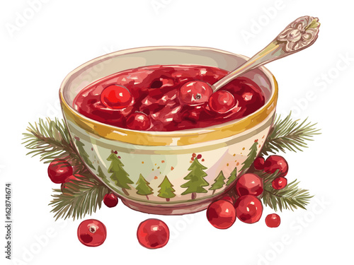 Watercolor cranberry sauce in bowl. Isolated thanksgiving or christmas food traditional dish. Berry jam vector illustration