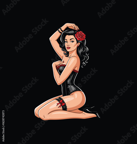 Sexy Pin-Up Woman in Black Corset with Red Rose and Garter Vector Art