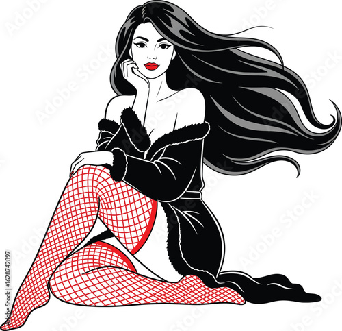 Elegant Woman with Long Hair in Black Robe and Red Fishnet Stockings Sitting Illustration